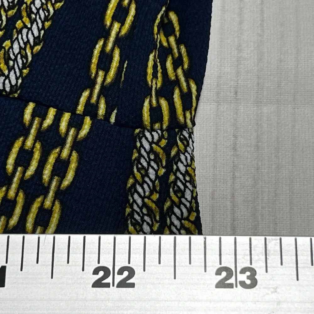 Michael Kors Chain Print Blouse Womens L Blue Gold V-Neck Tie Sleeve Top Office